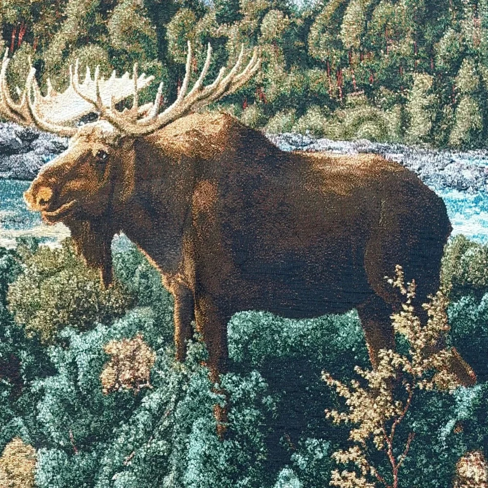 Vintage Moose Mountain River Woven Wall Tapestry Cabin Lodge Rustic 35x26